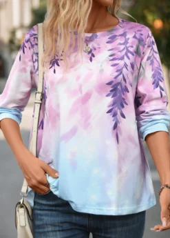 Purple Patchwork Leaf Print Long Sleeve T Shirt