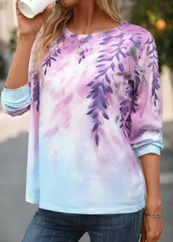Purple Patchwork Leaf Print Long Sleeve T Shirt -LICA Clothing Shop 341789 P 16953800789042