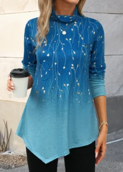 Blue Asymmetry Ombre Long Sleeve High Neck T Shirt