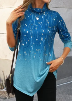 Blue Asymmetry Ombre Long Sleeve High Neck T Shirt 11 Blue Asymmetry Ombre Long Sleeve High Neck T Shirt -LICA Clothing Shop 341963 P 16952998135365