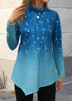 Blue Asymmetry Ombre Long Sleeve High Neck T Shirt 9 Blue Asymmetry Ombre Long Sleeve High Neck T Shirt -LICA Clothing Shop 341963 P 16952998137483