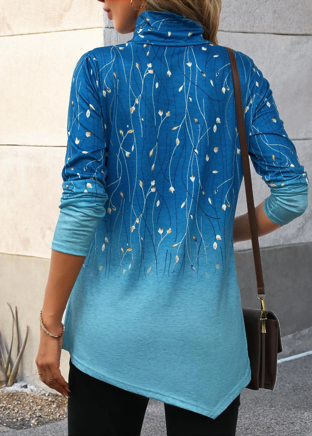 Blue Asymmetry Ombre Long Sleeve High Neck T Shirt 2 Blue Asymmetry Ombre Long Sleeve High Neck T Shirt - Image 2