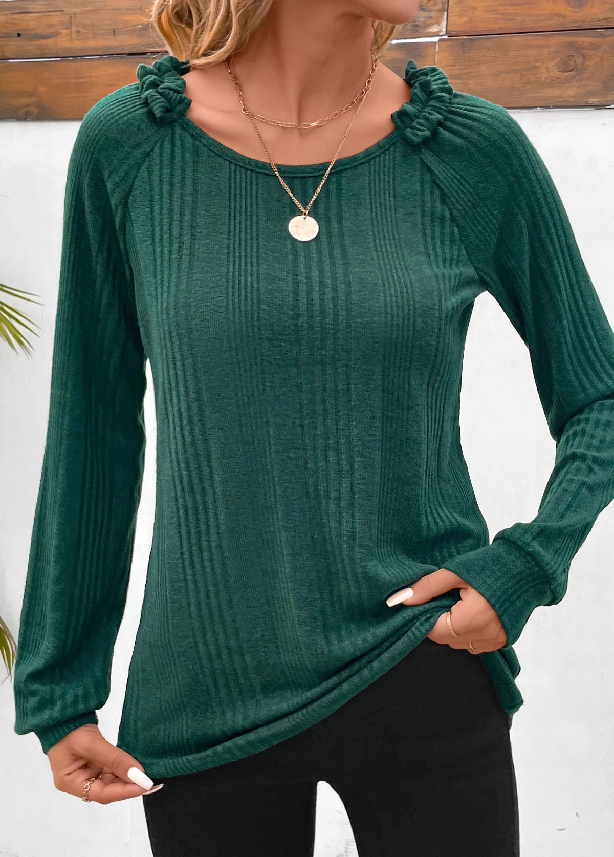 Turquoise Patchwork Long Sleeve Round Neck T Shirt 5 Turquoise Patchwork Long Sleeve Round Neck T Shirt - Image 5