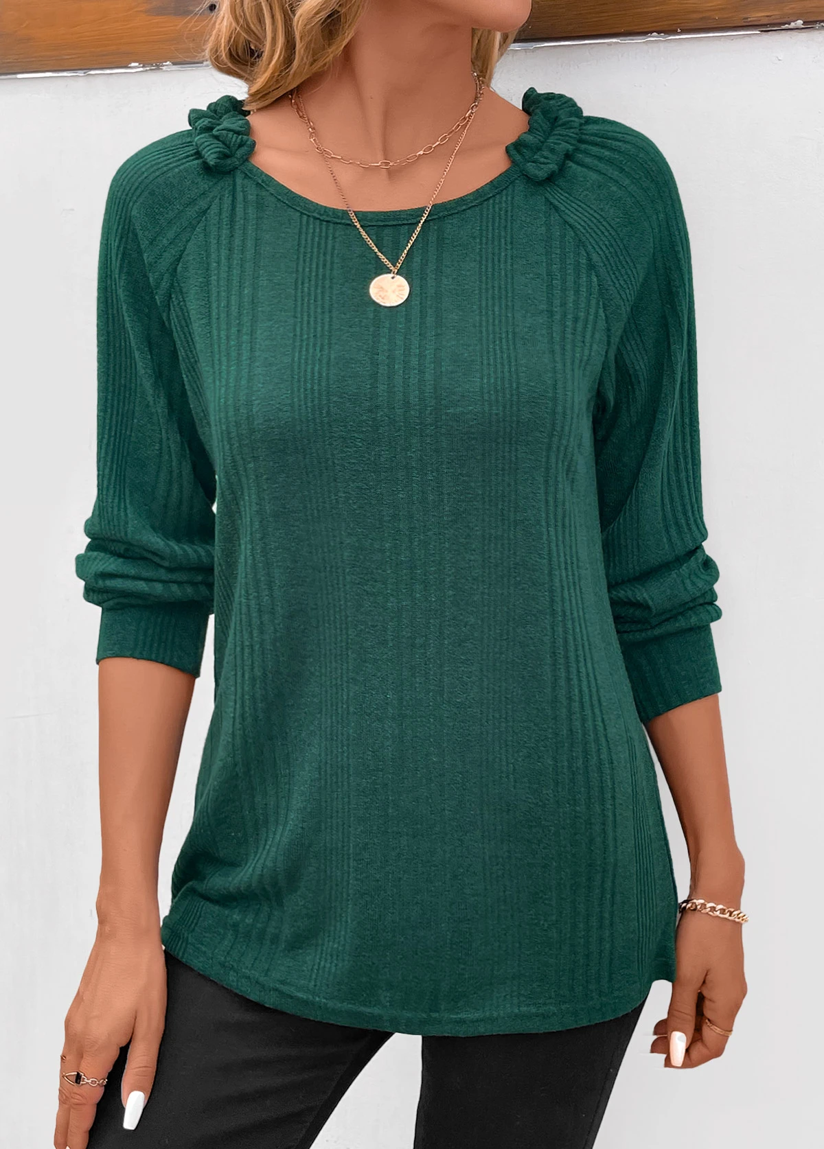 Turquoise Patchwork Long Sleeve Round Neck T Shirt 6 Turquoise Patchwork Long Sleeve Round Neck T Shirt - Image 6