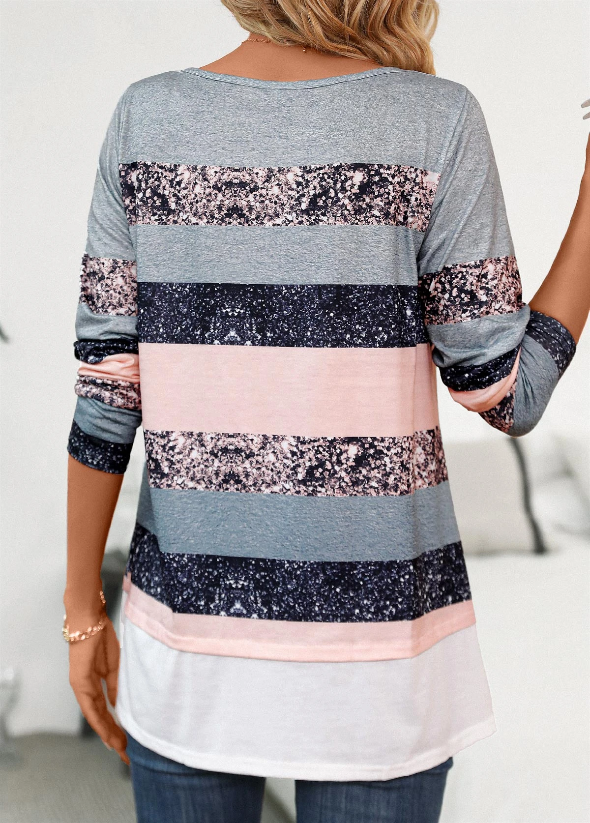 Multi Color Fake 2in1 Striped Long Sleeve T Shirt 2 Multi Color Fake 2in1 Striped Long Sleeve T Shirt - Image 2