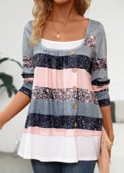 Multi Color Fake 2in1 Striped Long Sleeve T Shirt