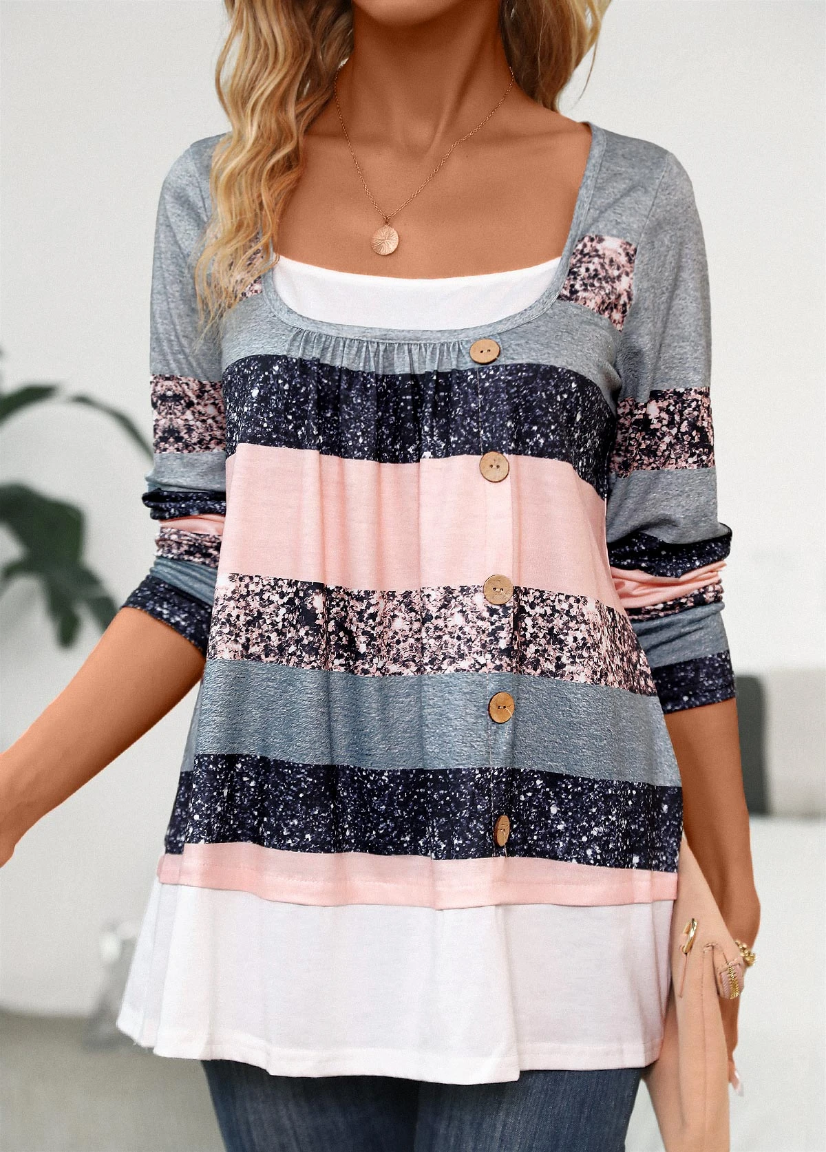 Multi Color Fake 2in1 Striped Long Sleeve T Shirt 1 Multi Color Fake 2in1 Striped Long Sleeve T Shirt