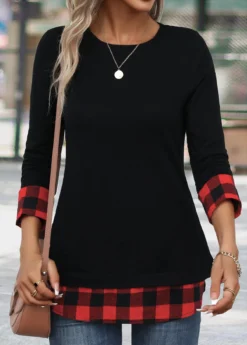 Red Patchwork Plaid Long Sleeve Round Neck T Shirt -LICA Clothing Shop 342237 P 16958640655055