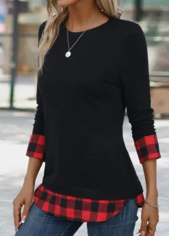Red Patchwork Plaid Long Sleeve Round Neck T Shirt -LICA Clothing Shop 342237 P 16958640656292