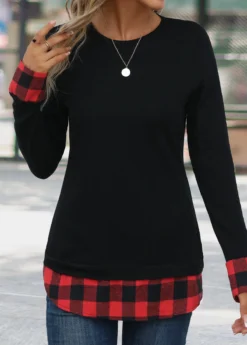 Red Patchwork Plaid Long Sleeve Round Neck T Shirt -LICA Clothing Shop 342237 P 16958640658153