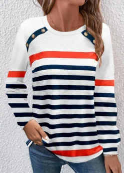 Navy Button Multi Stripe Print Long Sleeve T Shirt -LICA Clothing Shop 342360 P 1694164625877