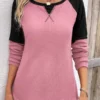 Pink Patchwork Long Sleeve Round Neck T Shirt