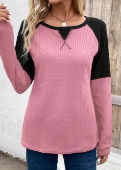 Pink Patchwork Long Sleeve Round Neck T Shirt -LICA Clothing Shop 342445 P 16944892786403