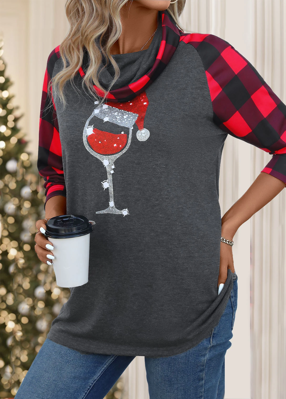 Dark Grey Patchwork Christmas Print Long Sleeve T Shirt 5 Dark Grey Patchwork Christmas Print Long Sleeve T Shirt - Image 5