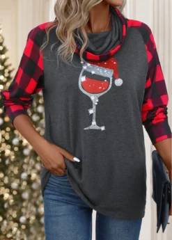 Dark Grey Patchwork Christmas Print Long Sleeve T Shirt