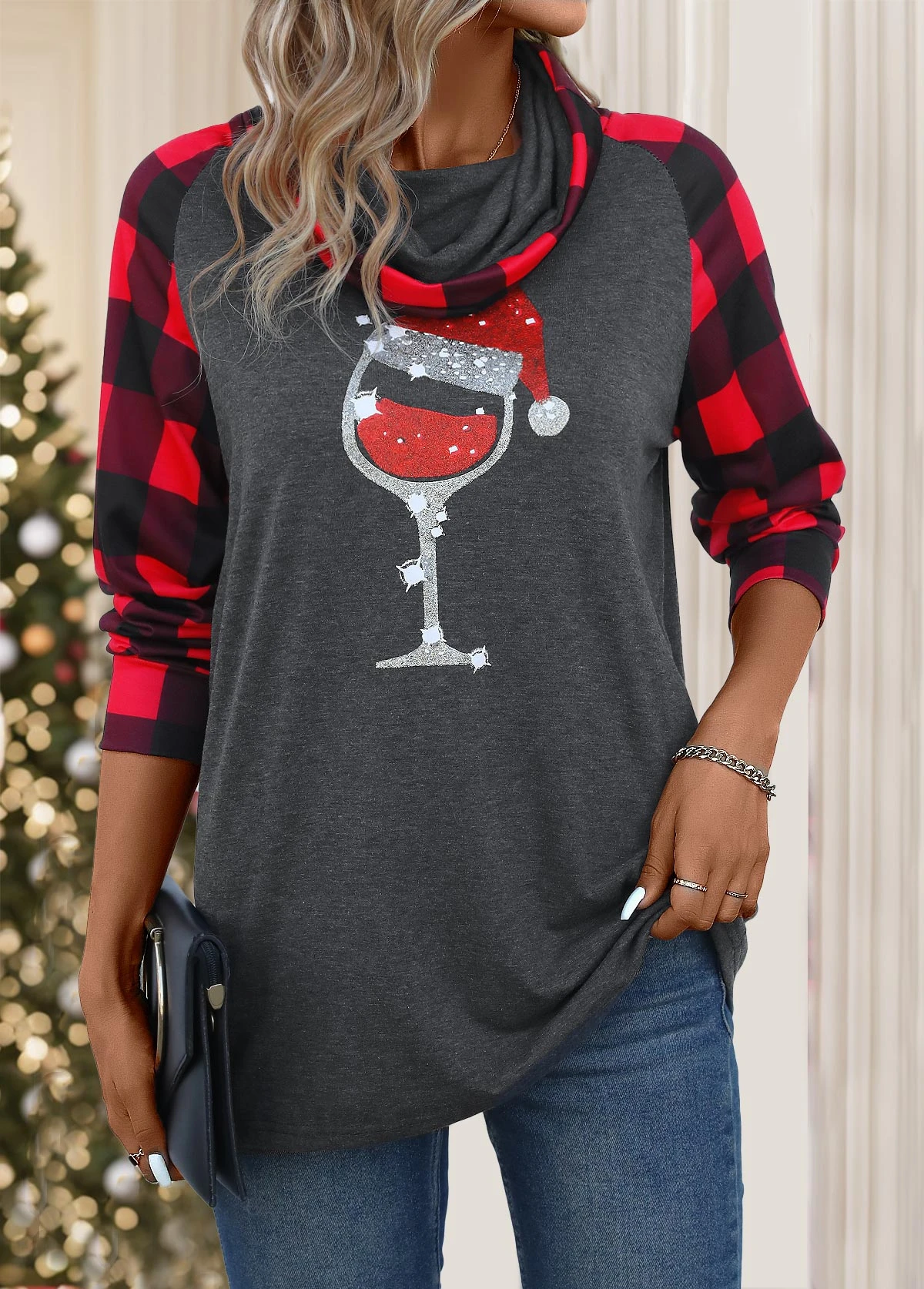 Dark Grey Patchwork Christmas Print Long Sleeve T Shirt 4 Dark Grey Patchwork Christmas Print Long Sleeve T Shirt - Image 4