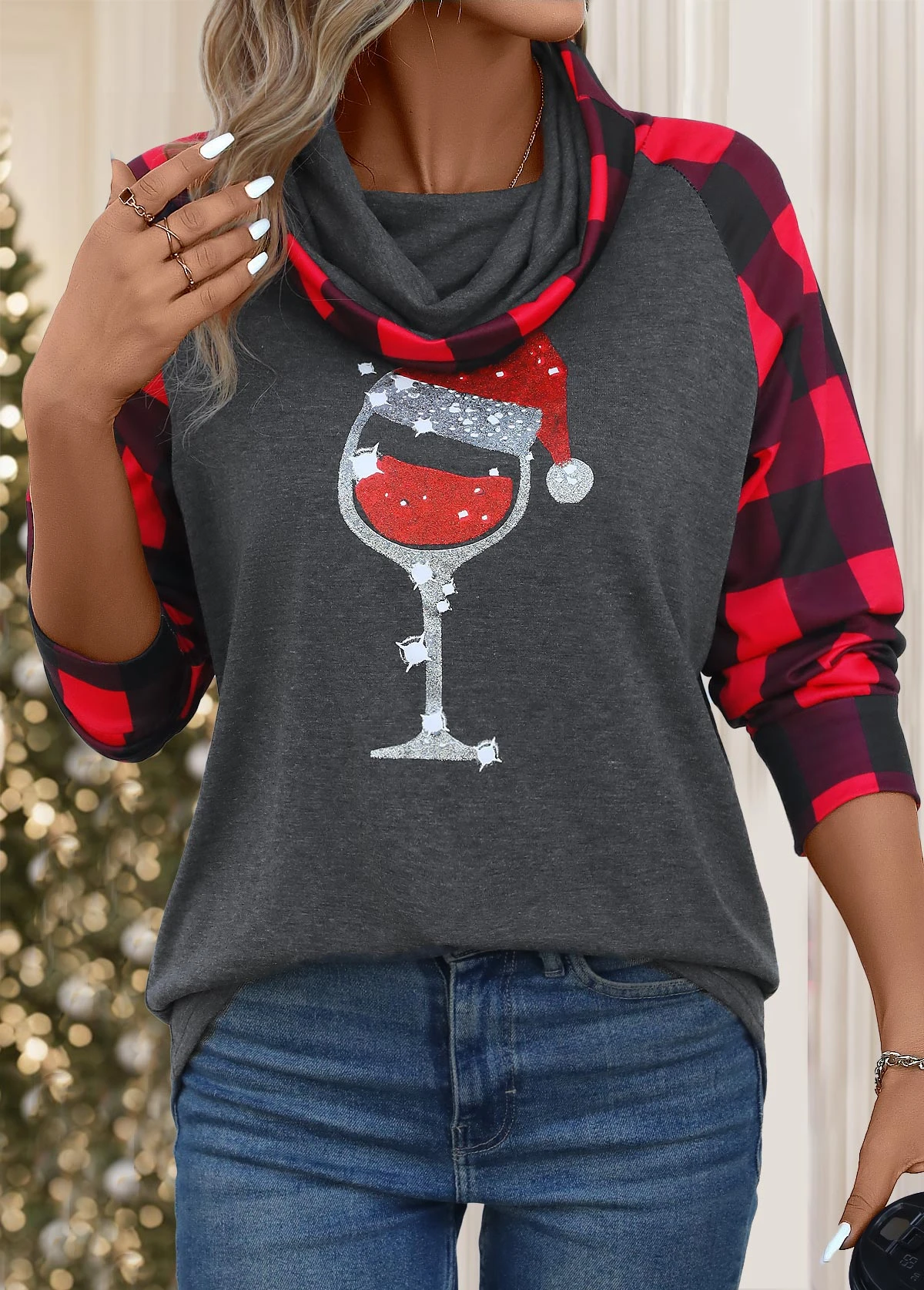 Dark Grey Patchwork Christmas Print Long Sleeve T Shirt 6 Dark Grey Patchwork Christmas Print Long Sleeve T Shirt - Image 6