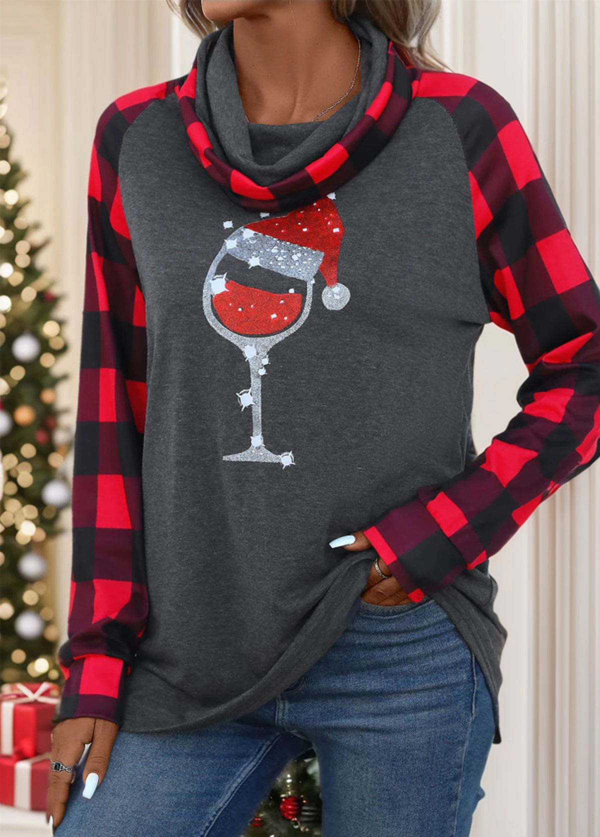 Dark Grey Patchwork Christmas Print Long Sleeve T Shirt 3 Dark Grey Patchwork Christmas Print Long Sleeve T Shirt - Image 3