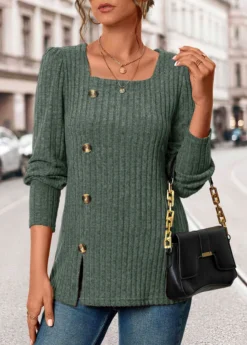 Olive Green Button Long Sleeve Square Neck T Shirt