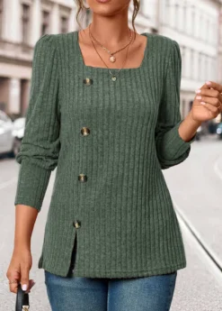 Olive Green Button Long Sleeve Square Neck T Shirt 8 Olive Green Button Long Sleeve Square Neck T Shirt -LICA Clothing Shop 342985 P 16957211014703