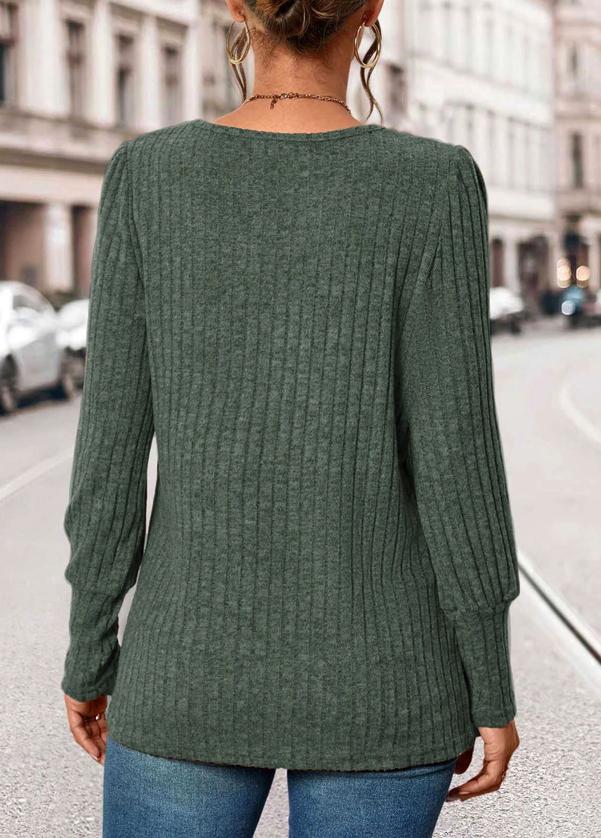 Olive Green Button Long Sleeve Square Neck T Shirt 2 Olive Green Button Long Sleeve Square Neck T Shirt - Image 2