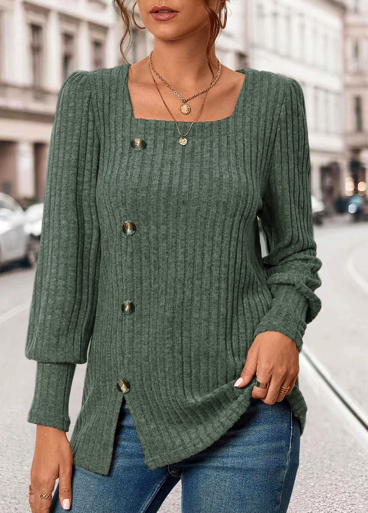 Olive Green Button Long Sleeve Square Neck T Shirt 5 Olive Green Button Long Sleeve Square Neck T Shirt - Image 5