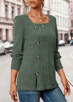 Olive Green Button Long Sleeve Square Neck T Shirt 7 Olive Green Button Long Sleeve Square Neck T Shirt -LICA Clothing Shop 342985 P 16957211019822