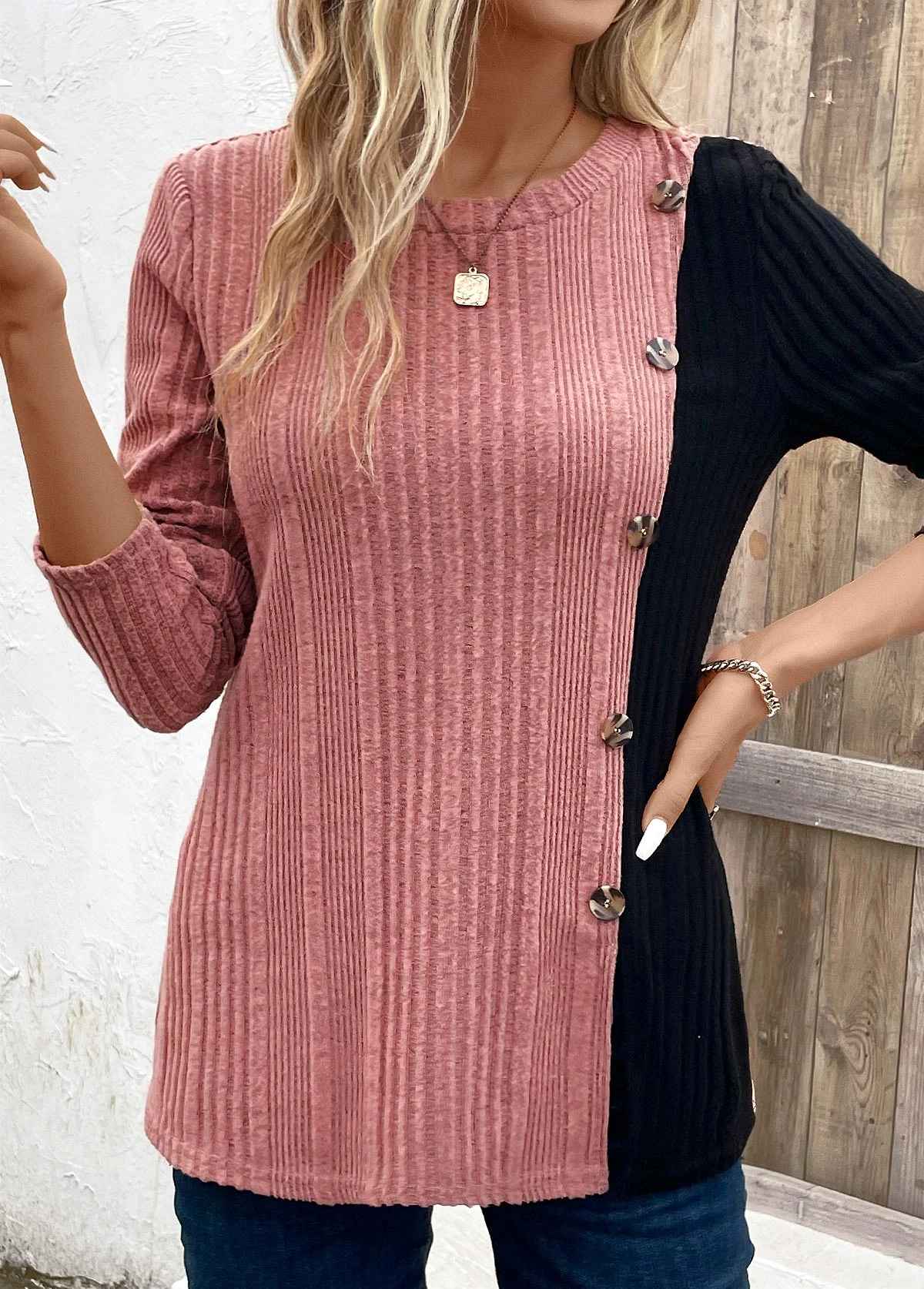 Black Patchwork Long Sleeve Round Neck T Shirt 11 Black Patchwork Long Sleeve Round Neck T Shirt - Image 11