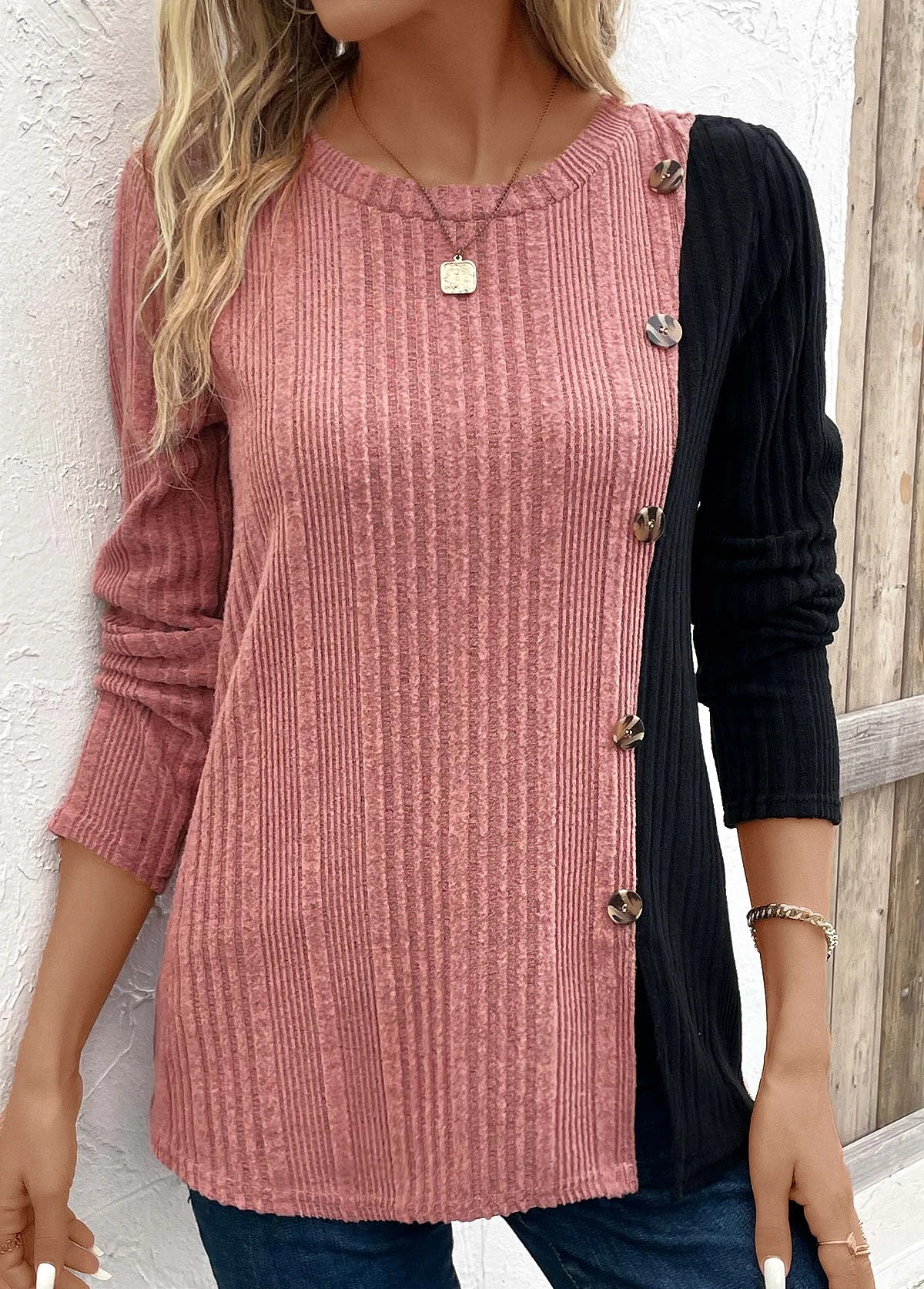 Black Patchwork Long Sleeve Round Neck T Shirt 9 Black Patchwork Long Sleeve Round Neck T Shirt - Image 9