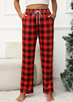 Red Pocket Plaid Drawastring High Waisted Pants