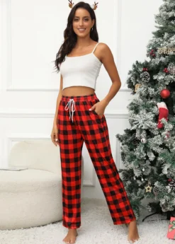 Red Pocket Plaid Drawastring High Waisted Pants -LICA Clothing Shop 343158 P 16969384661414