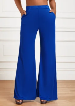 Blue Pocket Flare Leg Elastic Waist High Waisted Pants
