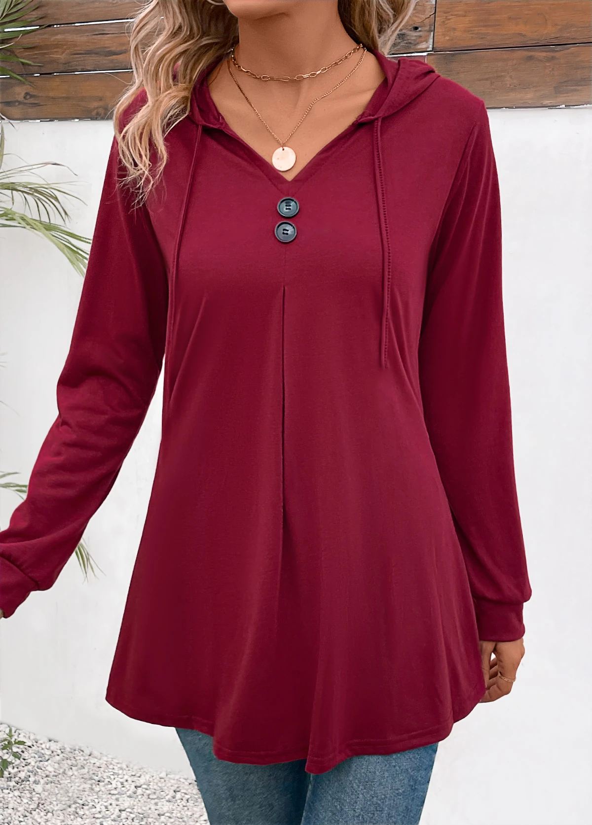 Wine Red Button Long Sleeve Hooded T Shirt 4 Wine Red Button Long Sleeve Hooded T Shirt - Image 4