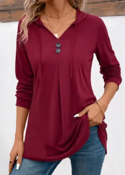 Wine Red Button Long Sleeve Hooded T Shirt 8 Wine Red Button Long Sleeve Hooded T Shirt -LICA Clothing Shop 343323 P 16981967196832