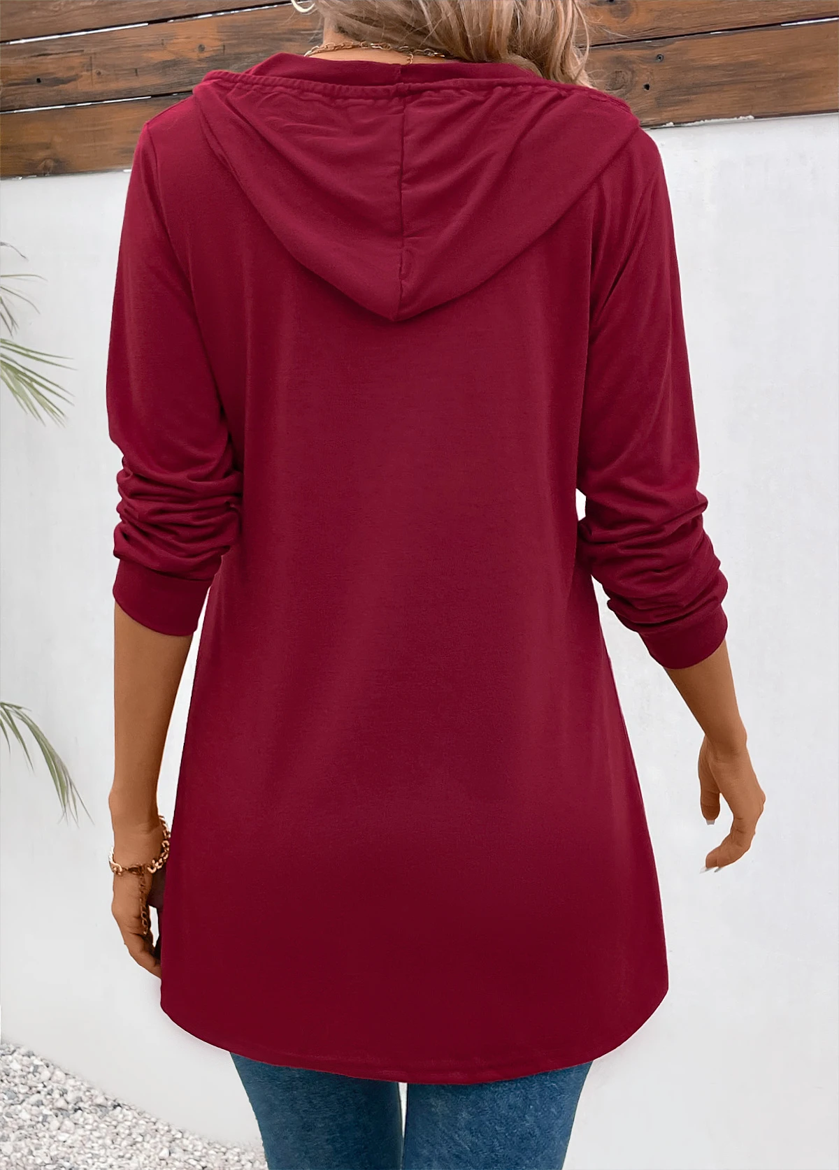 Wine Red Button Long Sleeve Hooded T Shirt 2 Wine Red Button Long Sleeve Hooded T Shirt - Image 2