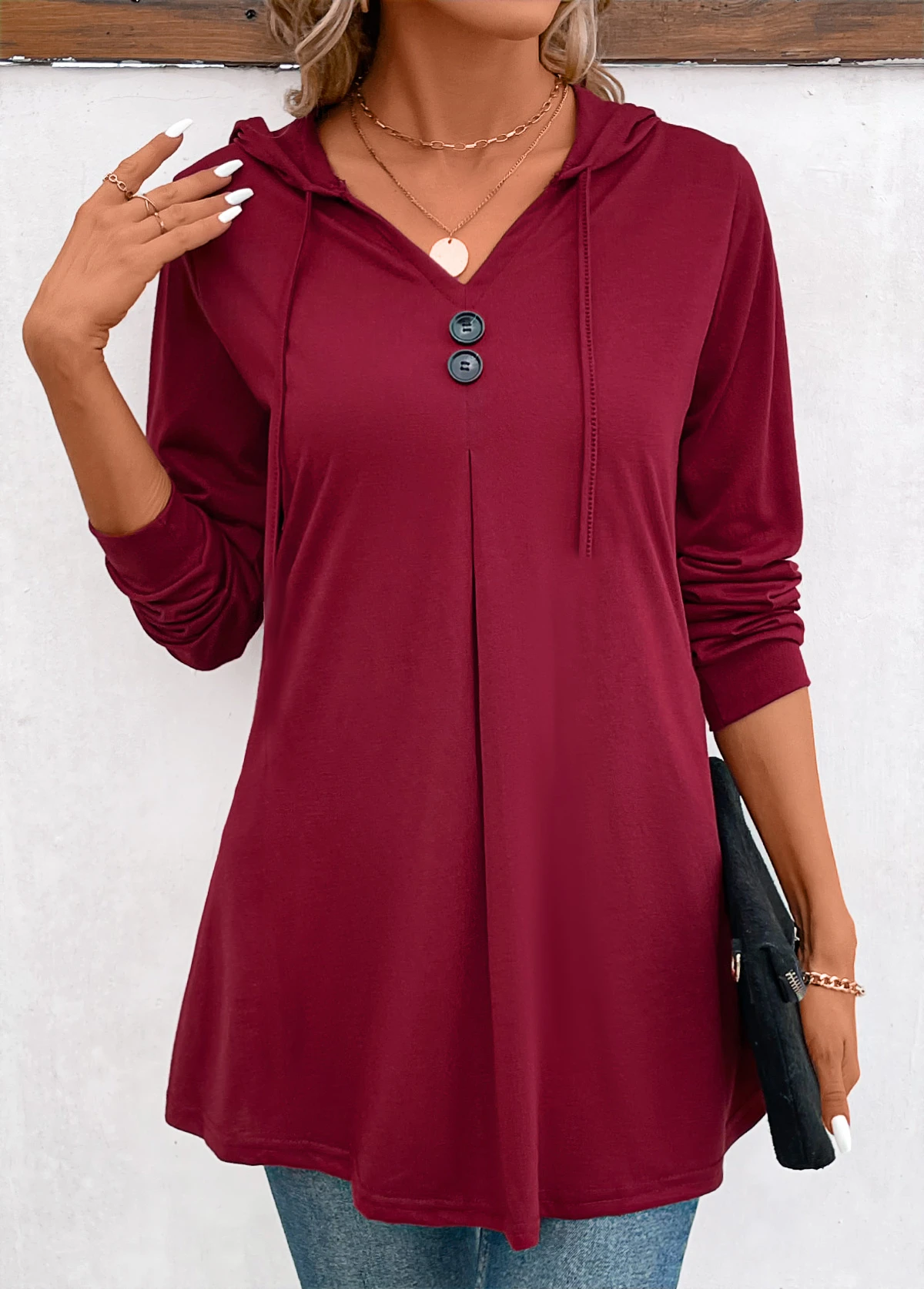 Wine Red Button Long Sleeve Hooded T Shirt 6 Wine Red Button Long Sleeve Hooded T Shirt - Image 6