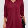 Wine Red Button Long Sleeve Hooded T Shirt
