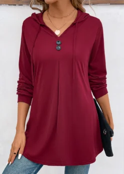 Wine Red Button Long Sleeve Hooded T Shirt