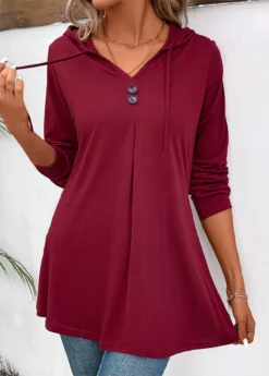 Wine Red Button Long Sleeve Hooded T Shirt 10 Wine Red Button Long Sleeve Hooded T Shirt -LICA Clothing Shop 343323 P 16981967198574