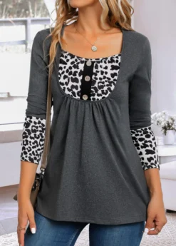 Dark Grey Button Leopard Long Sleeve T Shirt