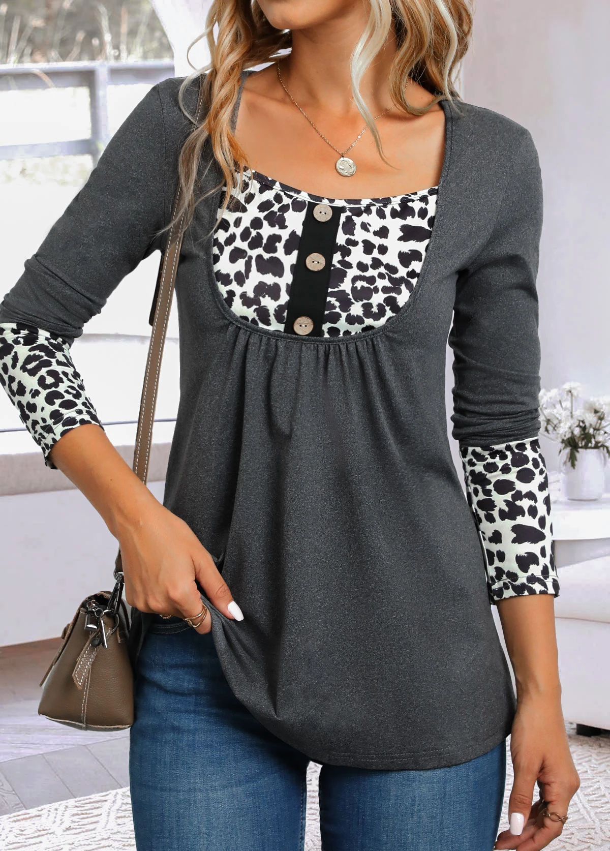 Dark Grey Button Leopard Long Sleeve T Shirt 4 Dark Grey Button Leopard Long Sleeve T Shirt - Image 4