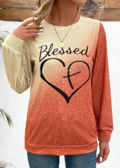 Orange Ombre Long Sleeve Round Neck T Shirt -LICA Clothing Shop 343447 P 16978018992383