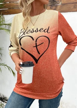 Orange Ombre Long Sleeve Round Neck T Shirt -LICA Clothing Shop 343447 P 16978018996622