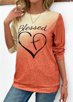 Orange Ombre Long Sleeve Round Neck T Shirt -LICA Clothing Shop 343447 P 16978018997104