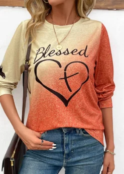 Orange Ombre Long Sleeve Round Neck T Shirt -LICA Clothing Shop 343447 P 16978018999665
