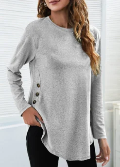 Grey Patchwork Long Sleeve Round Neck T Shirt -LICA Clothing Shop 343475 P 1698737012229