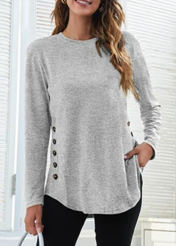 Grey Patchwork Long Sleeve Round Neck T Shirt -LICA Clothing Shop 343475 P 1698737013119