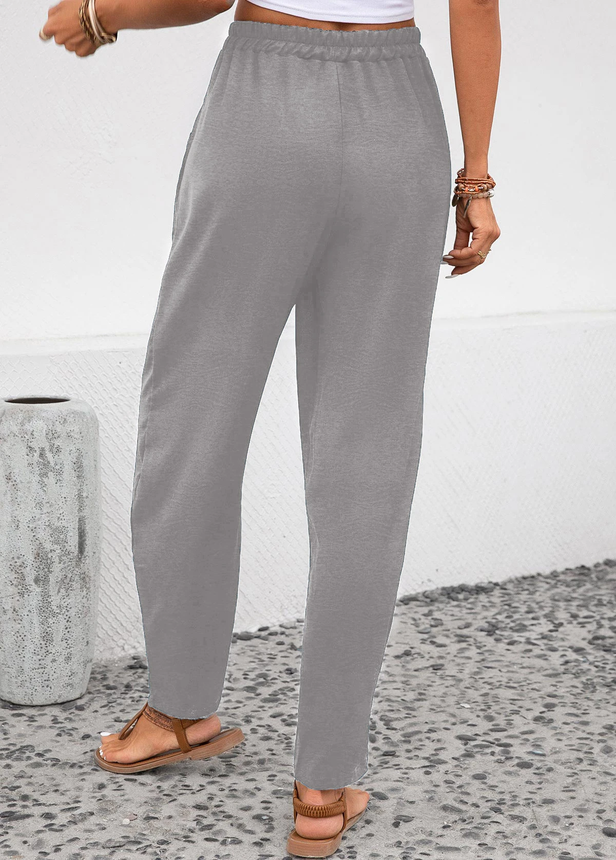 Light Grey Pocket Elastic Waist High Waisted Pants 2 Light Grey Pocket Elastic Waist High Waisted Pants - Image 2