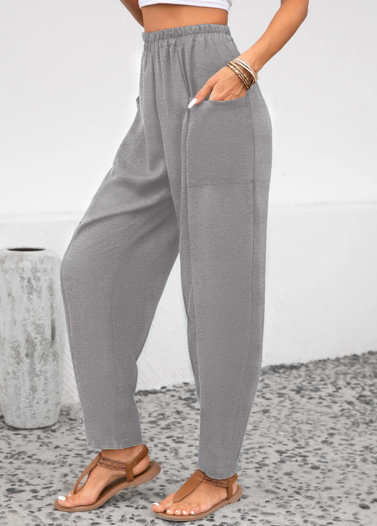 Light Grey Pocket Elastic Waist High Waisted Pants 3 Light Grey Pocket Elastic Waist High Waisted Pants - Image 3