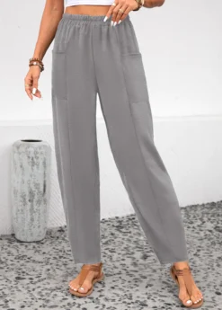 Light Grey Pocket Elastic Waist High Waisted Pants